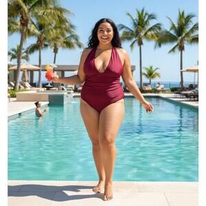 Aerie One Piece Swimsuit Womens XXL Red Halter Summer Plunge Full Coverage